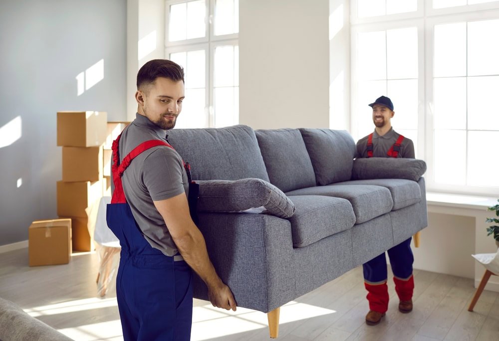 Two,Professional,Relocation,Service,Workers,In,Overalls,Move,Sofa,In